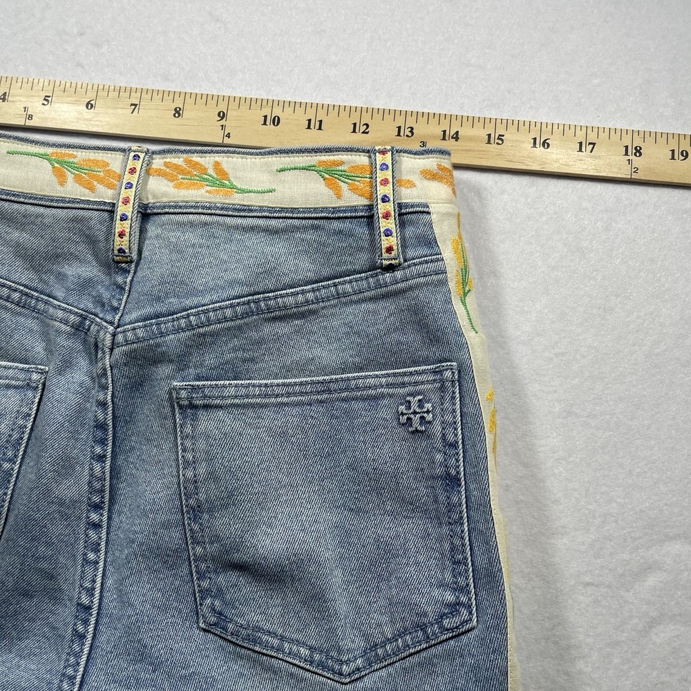 Tory Burch Women's Size 27 Floral Trim Button Fly Straight Leg Jeans Blue - Picture 10 of 12